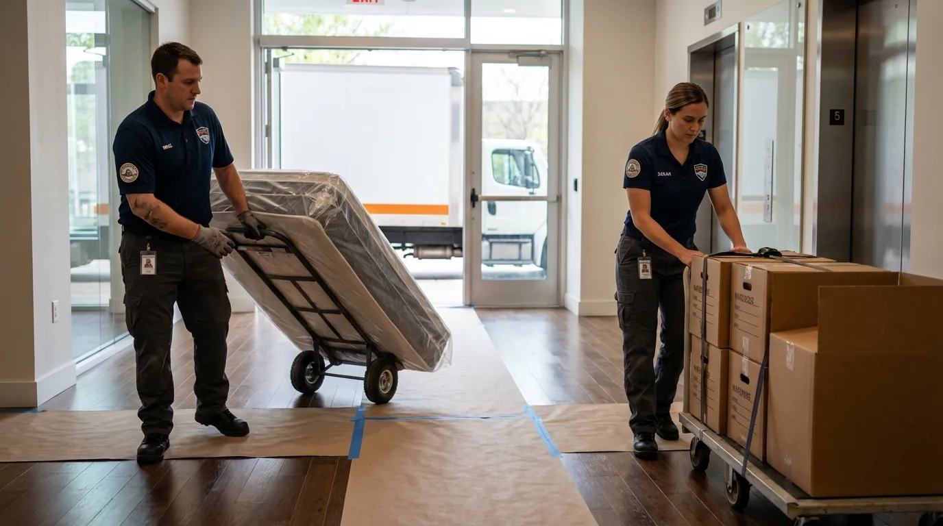 Professional apartment movers loading elevator in Palmyra, VA